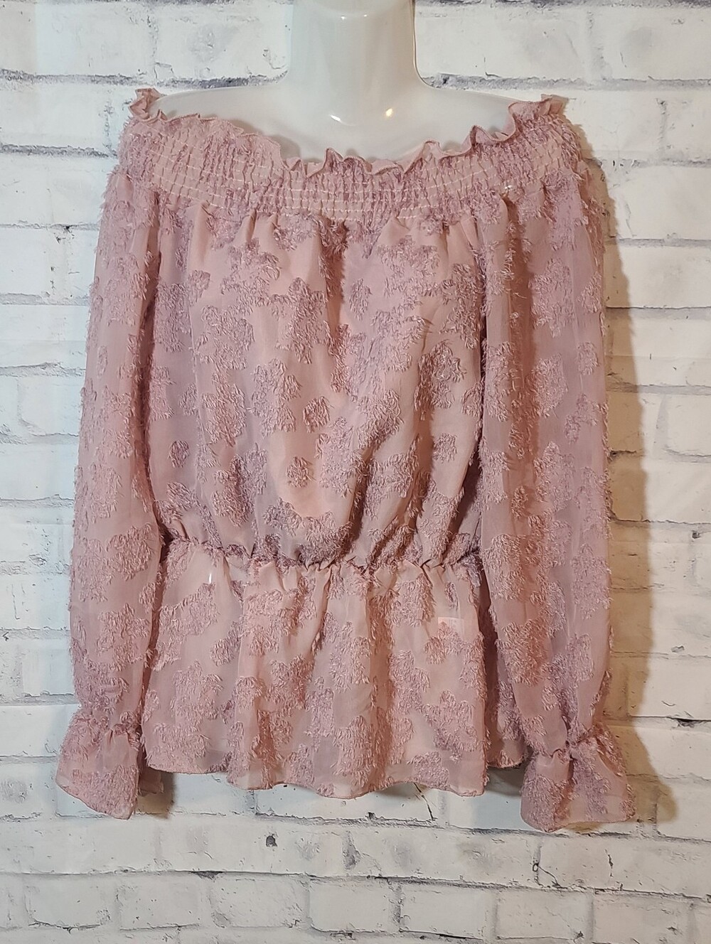 Pink Textured Floral Off Shoulder Ruffle Blouse Romantic Fairy M